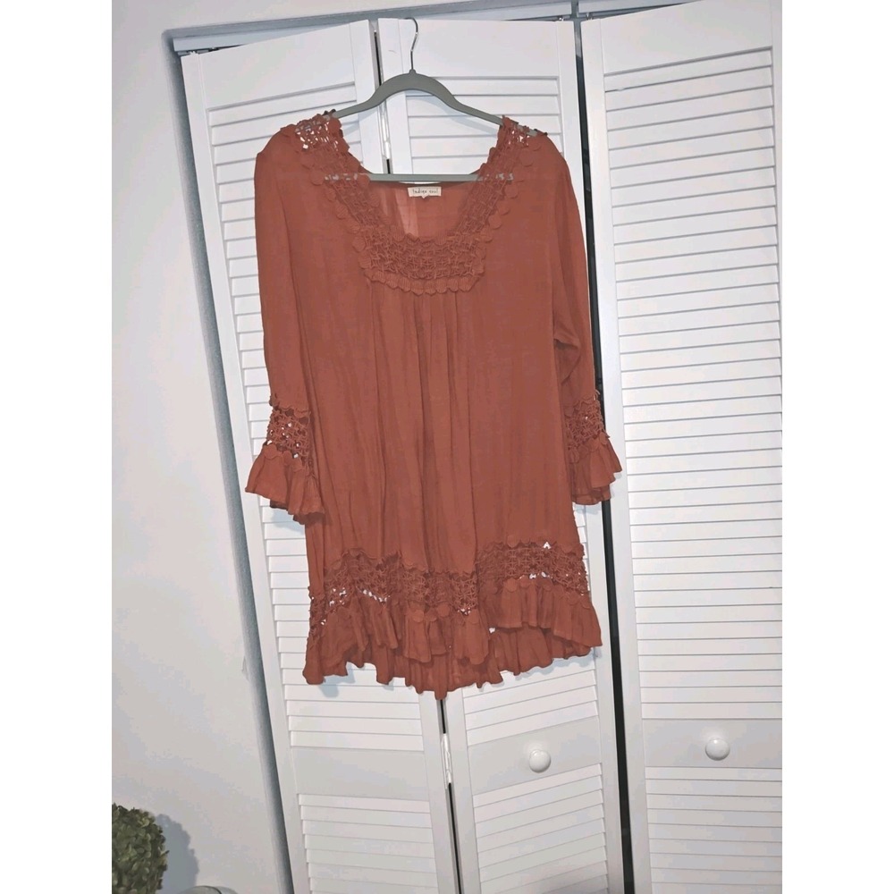 Indigo Soul Womens 2XL Terracotta Boho Tunic Top Crochet Lace Bell Sleeve